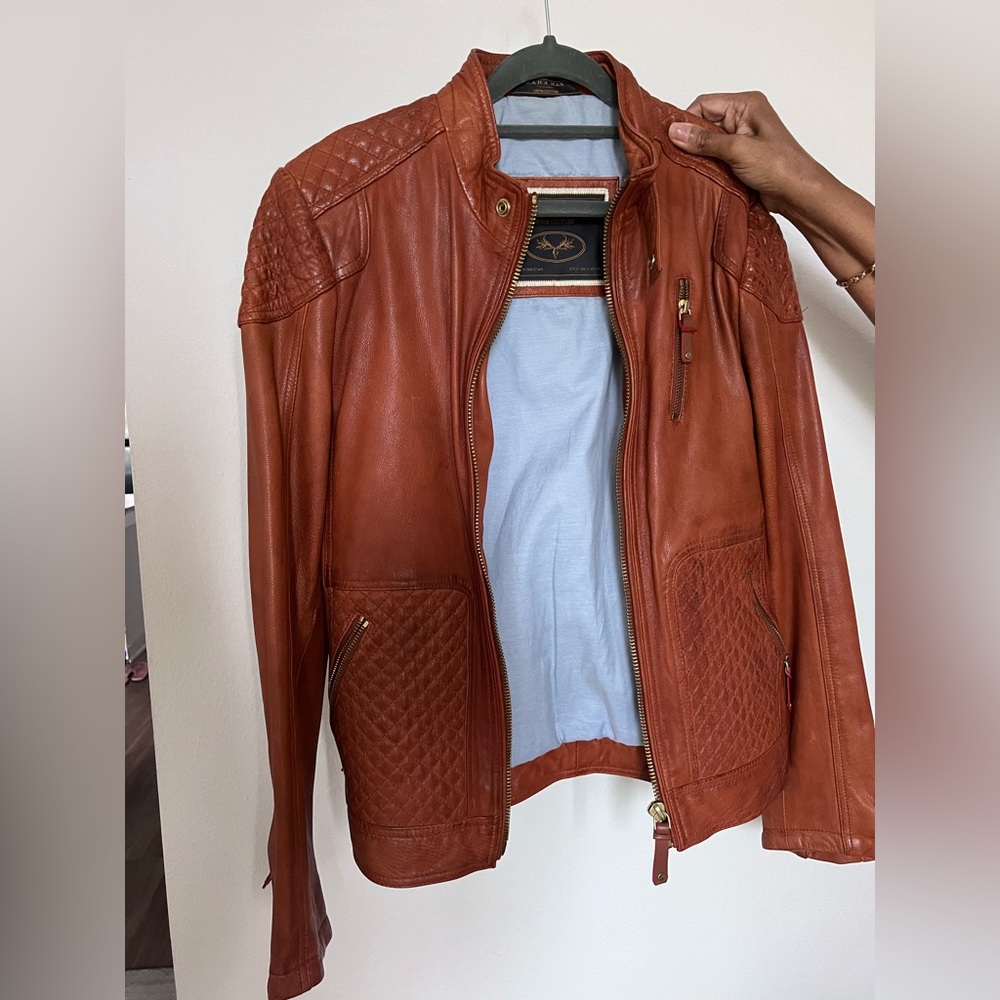 Vintage style camel distressed motorcycle jacket